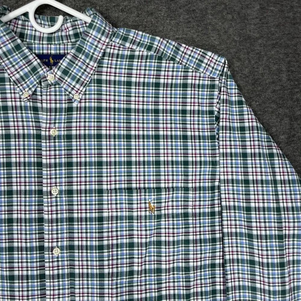 Polo Ralph Lauren Oxford Shirt Mens 3XLT Green Blue Plaid Flesh pony Long Sleeve